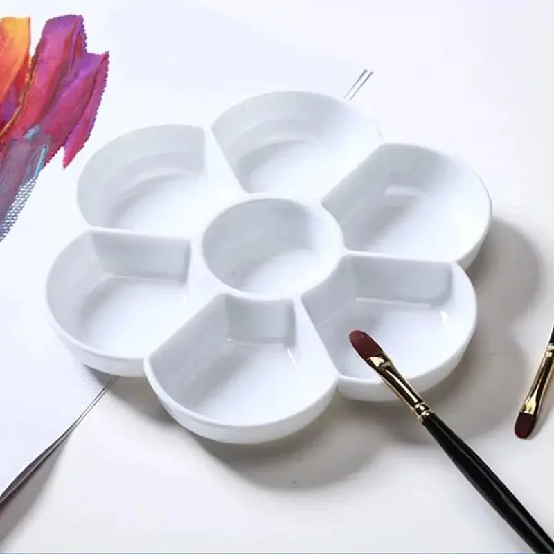 7-grid Plum Blossom Paint Palette Tray Imitation Ceramic for Acrylic Oil Watercolor Gouache Craft DIY Art Painting, White