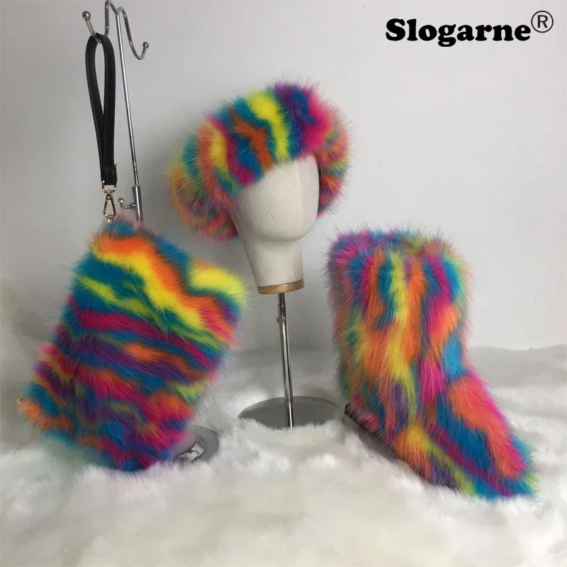Women Winter Faux Fox Fur Boots Outdoor Girls' Fluffy Fur Snow Boots Female Luxury Furry Fur Bag Fur Headband Fashion Warm Shoes