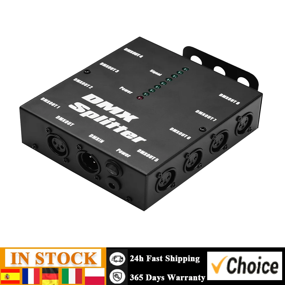 DMX512 Optical Signal Amplifier Spliter Distributor 1 Direct Input & Output 8 Independent Outputs for Light Controller Stage