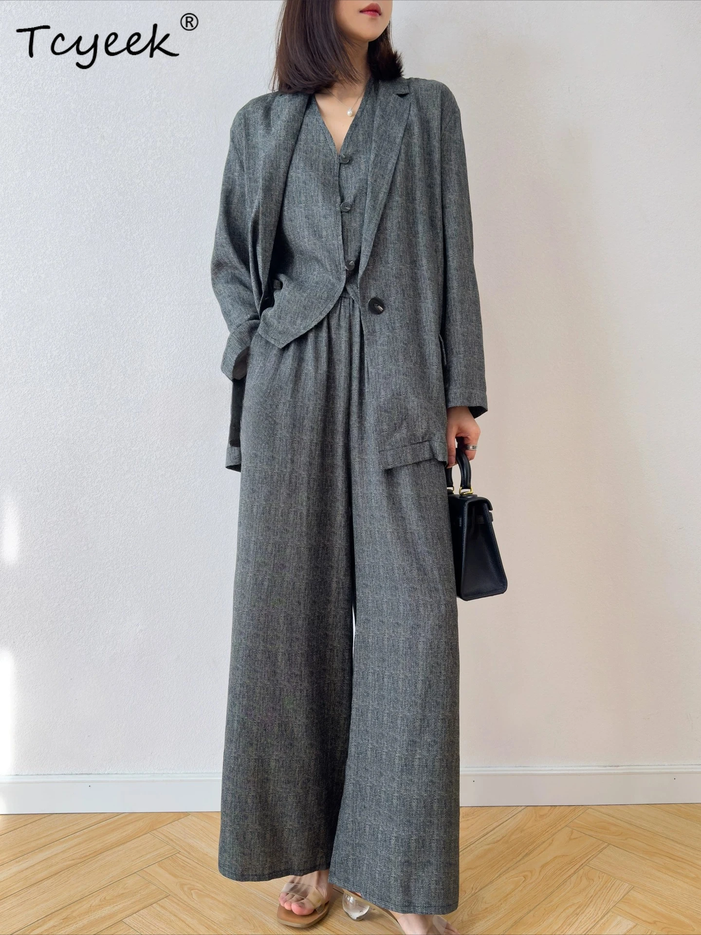 Tcyeek 100% Real Silk Pants Women 2026 Three Peice Sets Loose Striped Vest Suit Wide Leg Pants for Woman Spring Summer Clothes