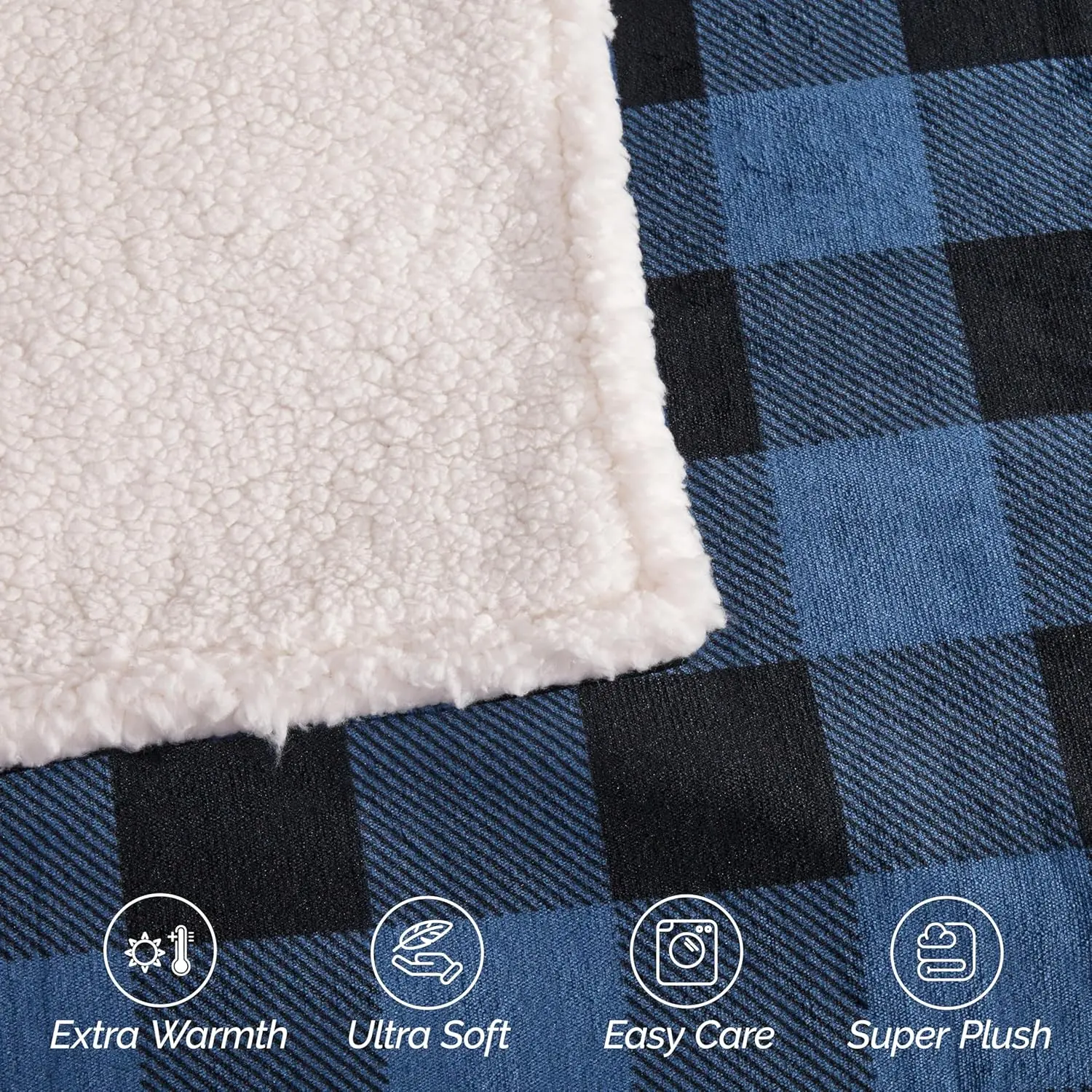 Couverture Sherpa à carreaux de buffle ultra douce, plaid de glouton réversible, jeté confortable à carreaux soyeux, jeté de sourire pour canapé, literie complète, bleu