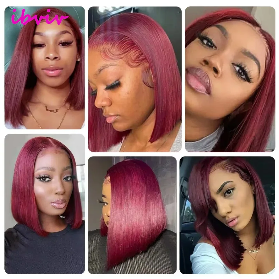 ベトナム産人毛100% 210密度ストレート99Jカラーバーガンディ13x4ボブウィッグ人毛レースフロントウィッグ