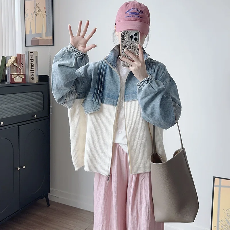 

Cardigan Women Sweaters Denim Jackets Short Coats Full Sleeve Jumpers Y2k Streetwear Elegant Knit Open Stith Autumn Winter
