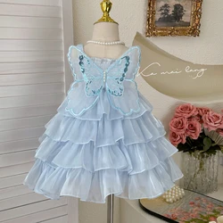 Flower Girls Dress 2024 Summer Girl Baby Birthday Party Butterfly Design Sleeveless Tiered Dresses Children Princess Ball Gown