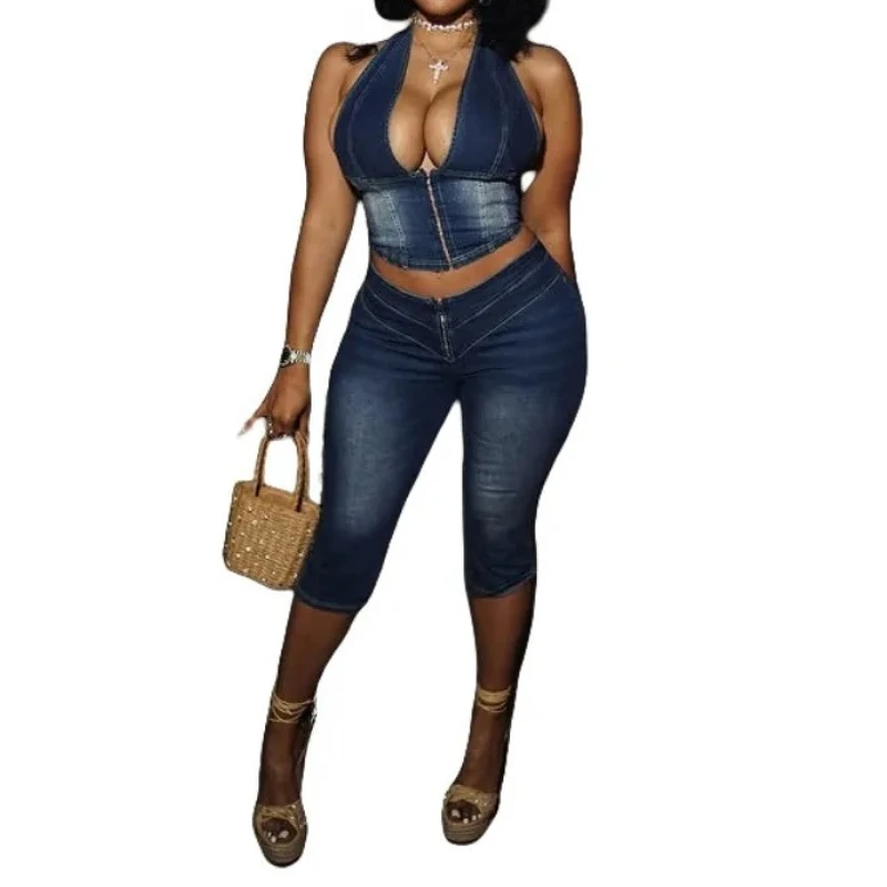 

Jeans Sets Women Two Piece Suit Denim Top Backless Lace Up Halter Neck Zipper Calf Length Pants Punk 2025 Summer Sexy Outfits