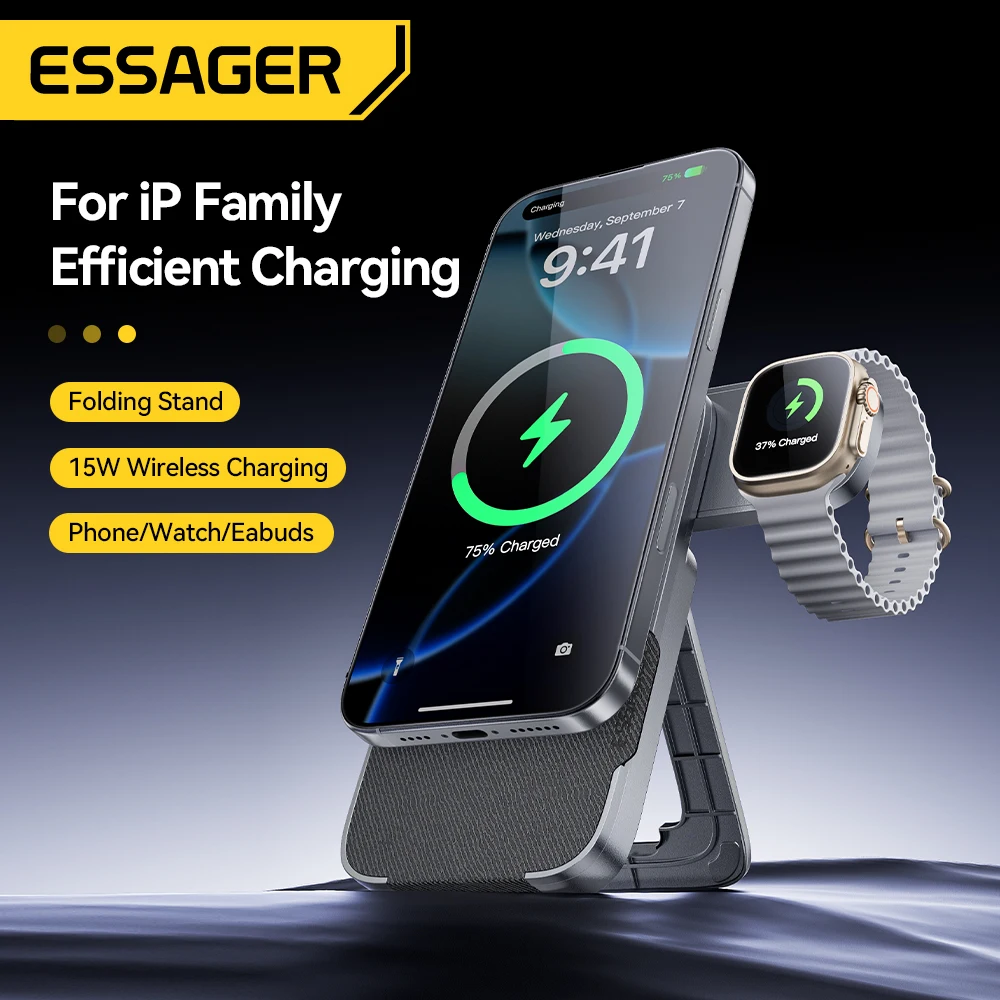 Essager 3-in-1 Portable Folding Wireless Charger Stand 15W Magnetic for iPhone 1716/15 AirPods Apple Watch MagSafe Fast Charging