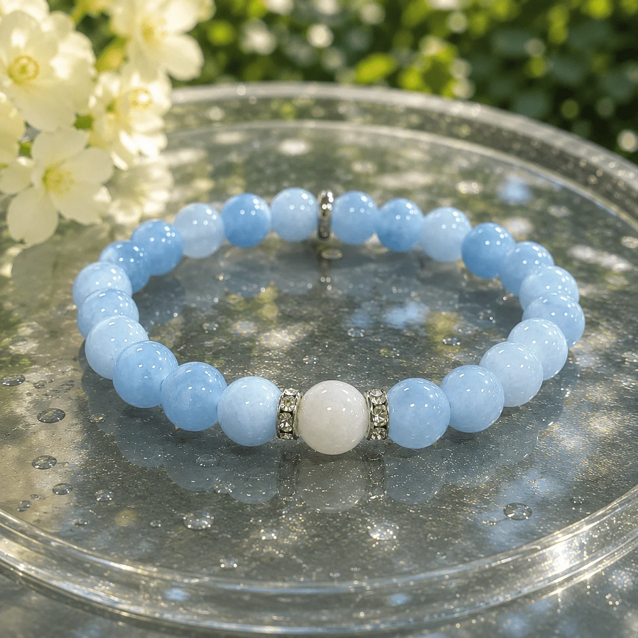 Blue Serenity Beaded Bracelet , Sky Blue Stretch Bracelet with White Center Bead, , Sister, Friend, Daughter