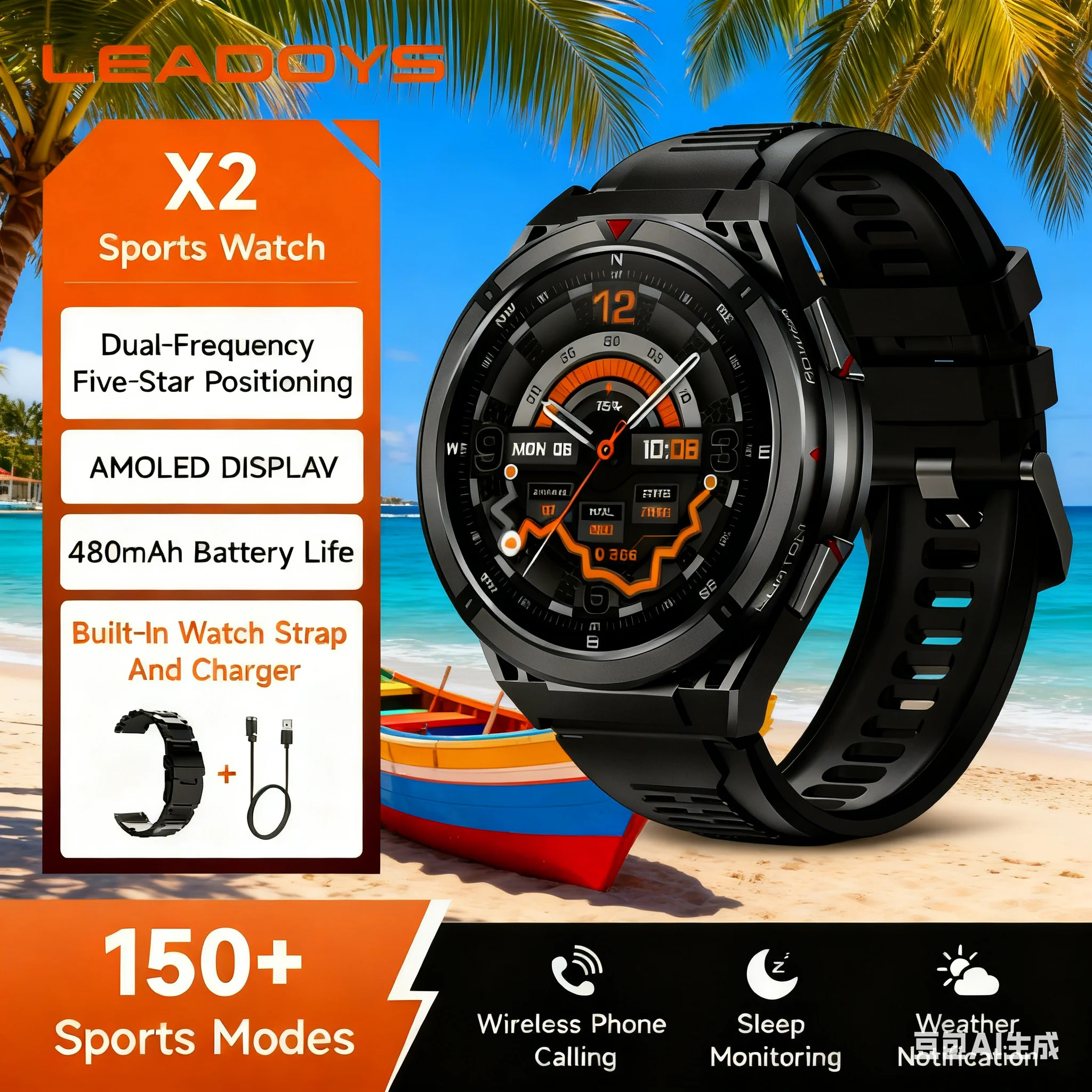 Leadoys X2B GPS Smart Watch 170+ Sports Modes Fitness Tracker Stainless Steel Strap 200+ Watch Faces Reloj Inteligente Hombre
