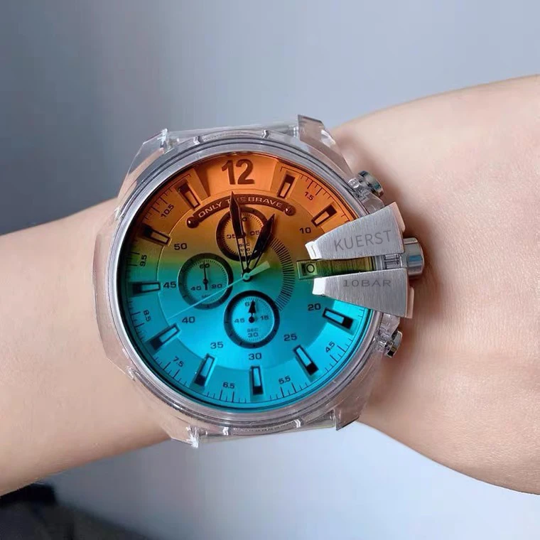 Acryl band männer uhr verblassen farbe uhr klar look mode uhr quarz mit box