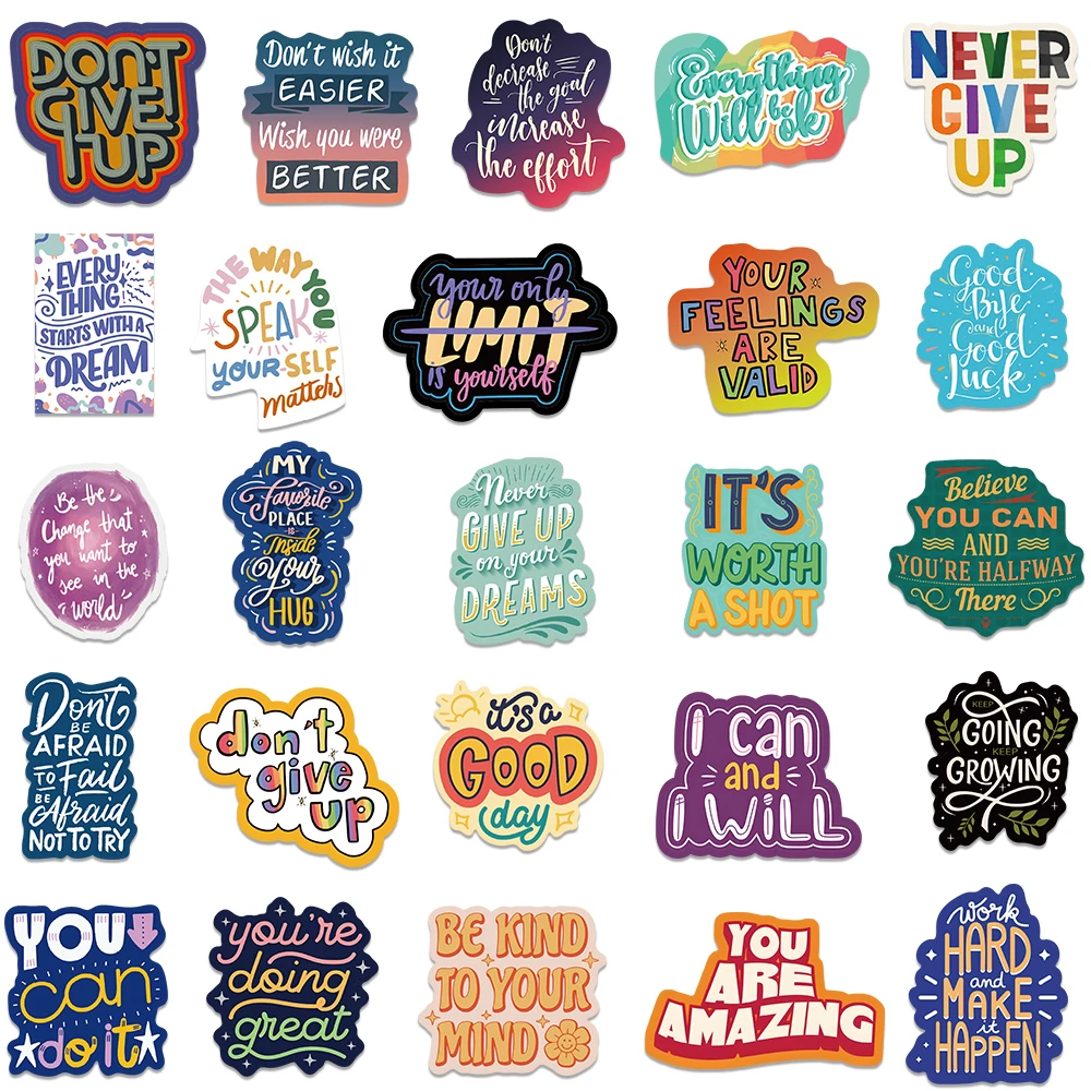 50pcs Funny Cartoon Colorful Motivational Phrases Stickers Inspirational Quotes Stickers For Laptop Luggage Guitar Vinyl Decals