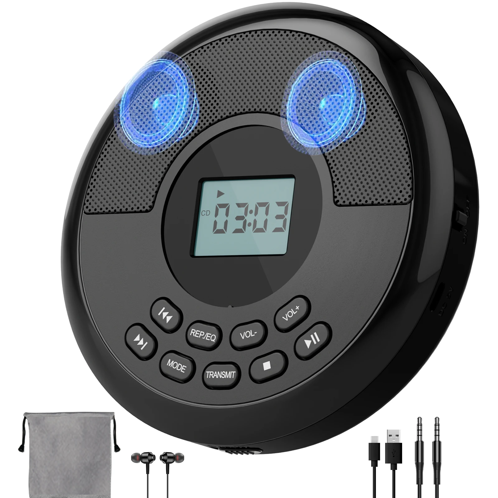 

Portable Bluetooth CD Walkman – Rechargeable Discman with USB, Built-in Speakers & Earbuds, CD Player with Audio Transmitting