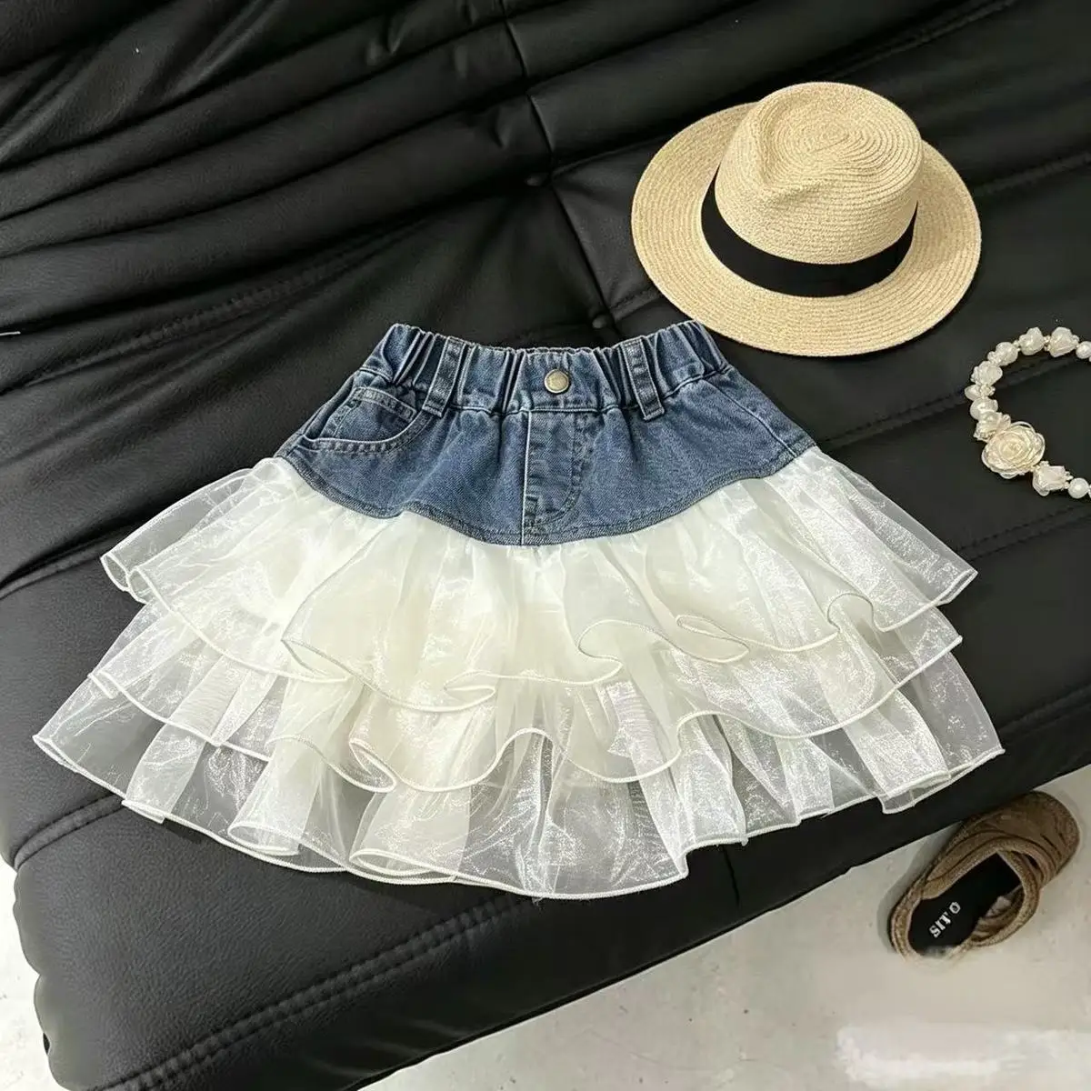 Girls' Short Skirt Summer New Collection Children's Cowboy Splicing Mesh Princess Cake Skirt 110-170cm