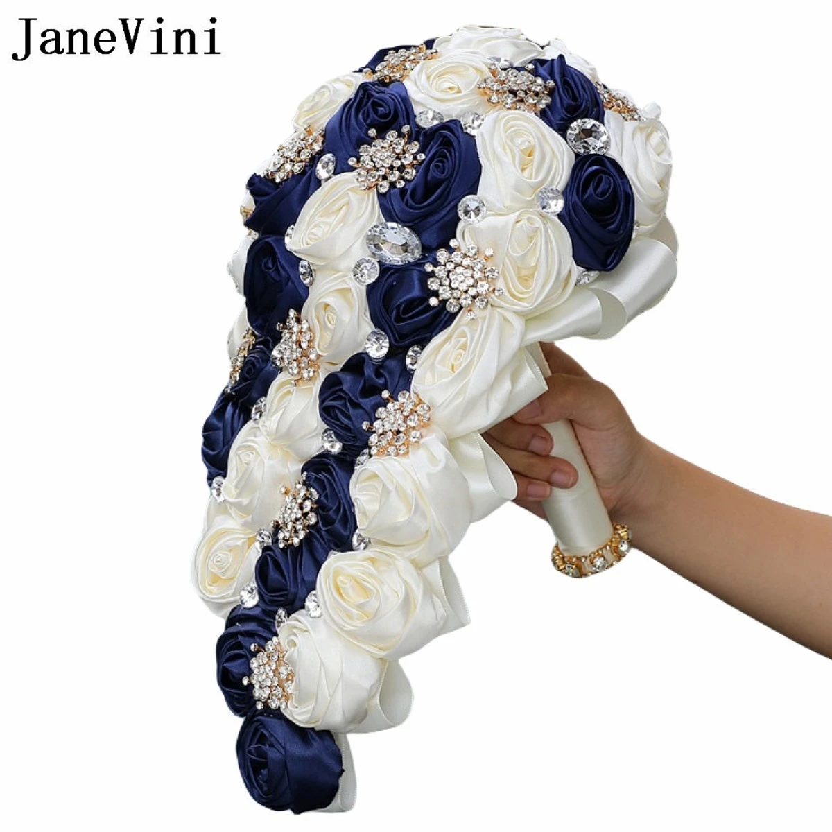 JaneVini Navy Blue and Ivory Waterfall Wedding Bouquet with Sparkly Crystals Rhinestones Satin Cascading Bridal Holding Flowers