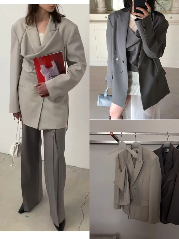 

Ele Simple Sle Women's Two-Piece Suit Jaet And Strap Top Slimming Outerwear Casual Long Sve Polyester Coat