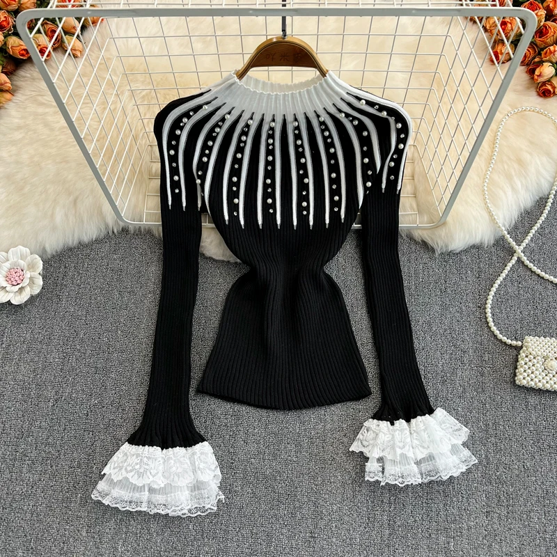 

Autumn and Winter New Fashion Hot Diamond High Neck Long Sleeve Sweater Lace Flare Sleeves Slim Fit Knitted Shirt Bottom Top