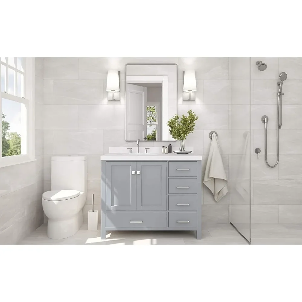 

43" Bathroom Vanity with 1.5" Edge Pure White Quartz Countertop 2 Soft Closing Doors, 5 Full Extension Dovetail Drawers