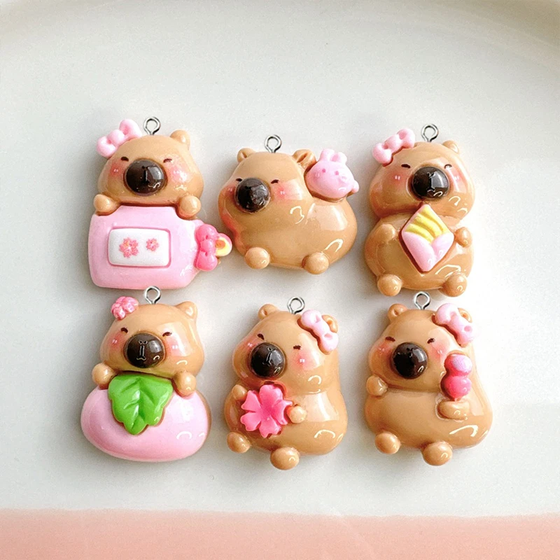 10Pcs Kawaii Pink Flowers Capybara Resin Charms Cute Glossy Animals Pendants for Jewelry Making DIY Keychains Earrings Findings