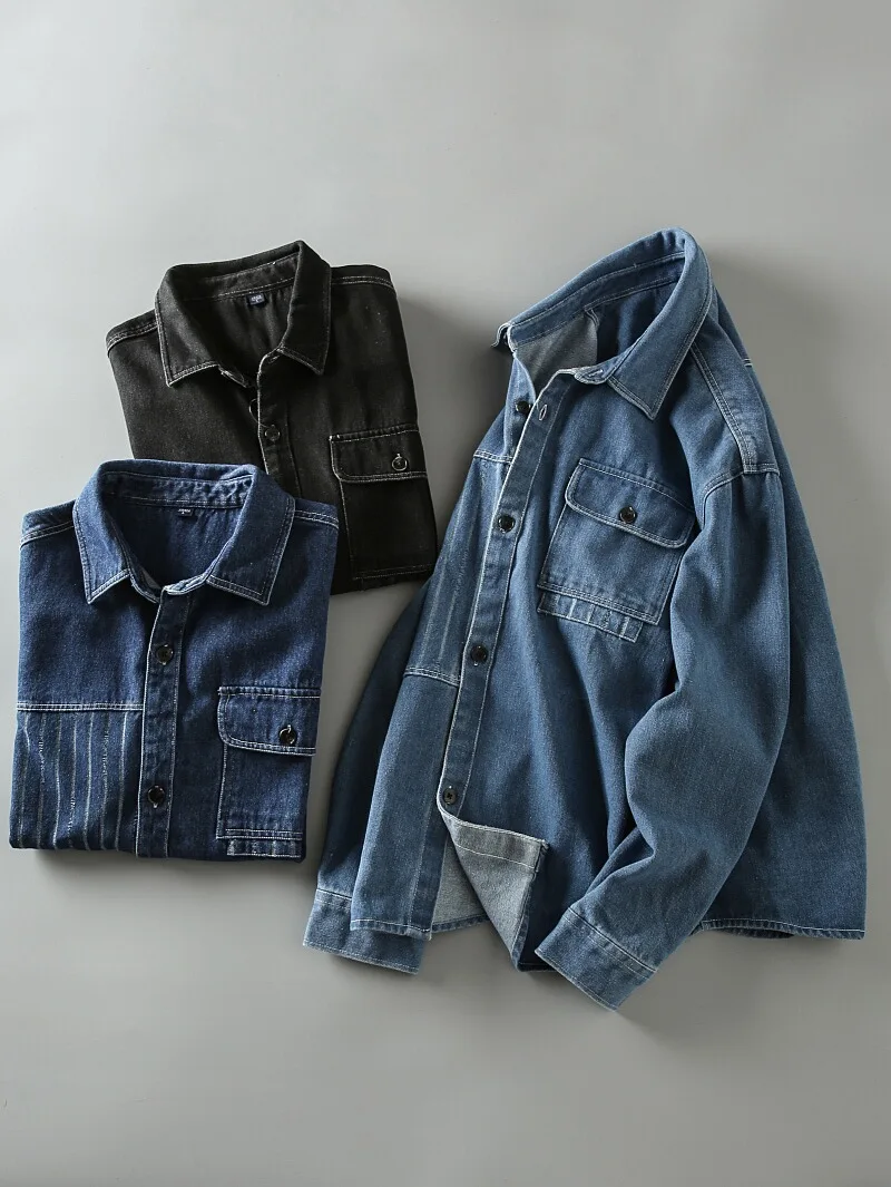 

Spring New Heavyweight Washed Japanese Style Retro Patchwork Pocket Men's Loose Casual Versatile Denim Shirt Jacket