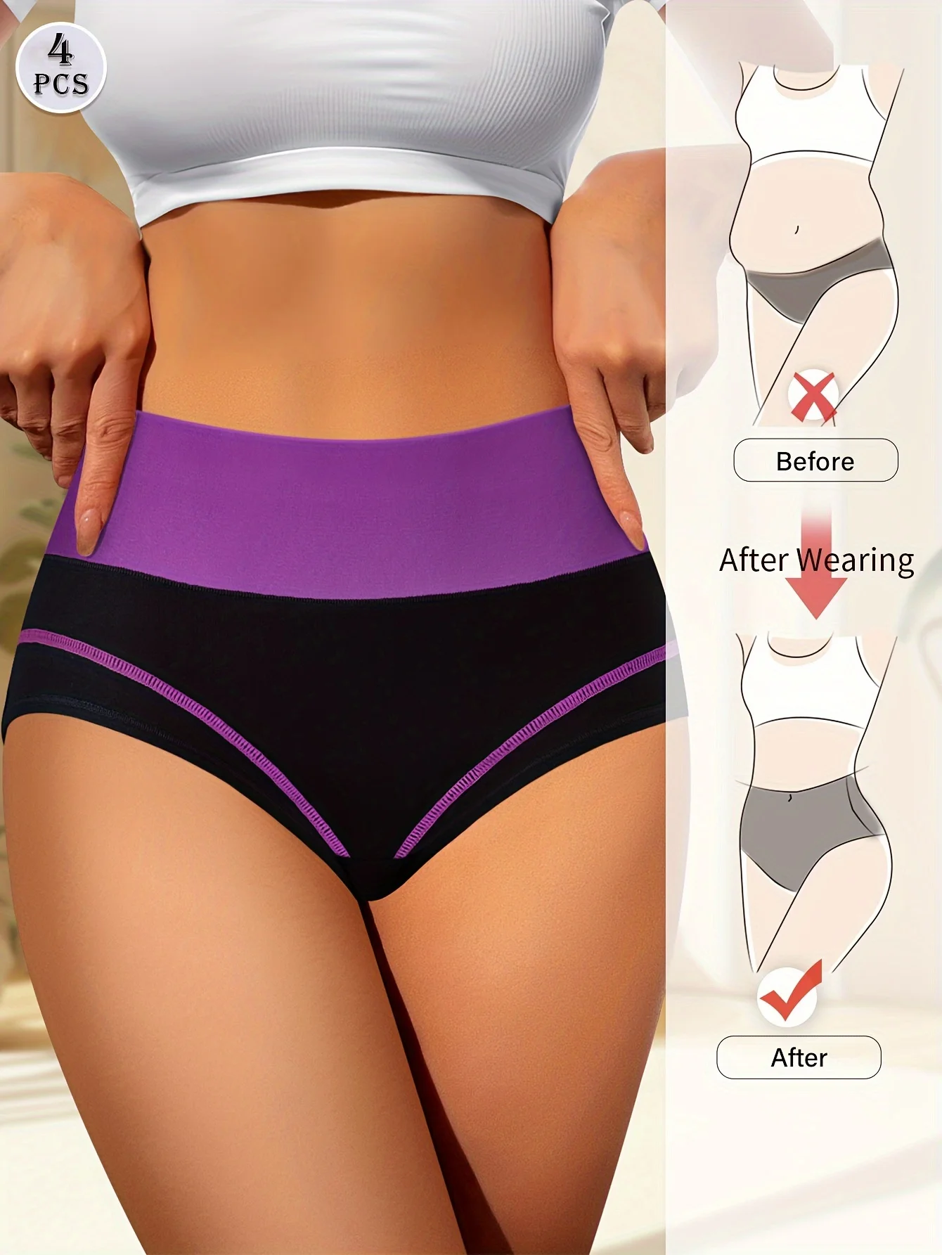 4pcs High Waisted Tummy Tightening Women\'s Panties Fashion Clashing Colors Comfortable Shape Triangle Pants Breathable Cotton