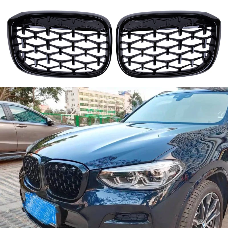 

Diamond Car Front Bumper Grill Trim Racing Grilles Kidney Grille Gloss Black Accessories 2pcs For BMW X3 G01 G08 X4 G02 18-20