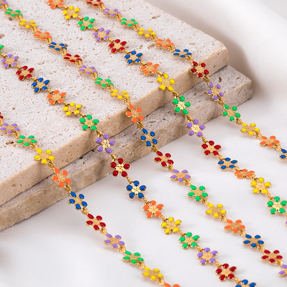 

1/2M Stainless Steel Multi-Tone Enamel Floral Chain For DIY Bracelet Necklace Hair Jewelry Bohemian Ethnic Style Jewelry Supply