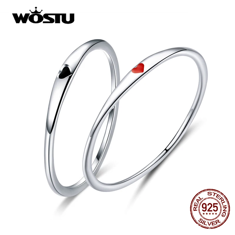 WOSTU 100% 925 Sterling Silver Simple Red Heart Couple Rings For Women&Man Wedding Engagement 925 Silver Ring Fine Jewelry Gifts