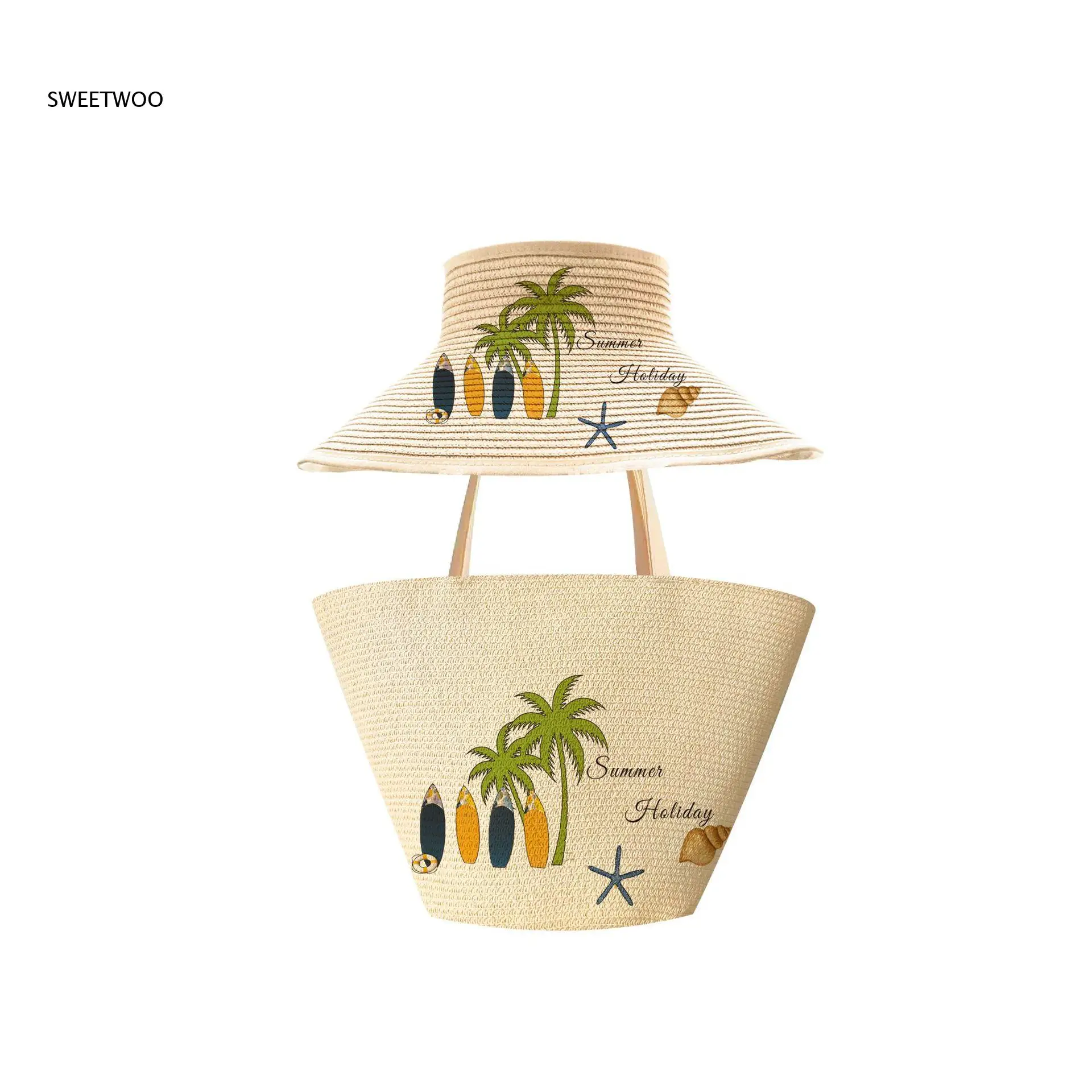 Beach Straw Bag and Sun Hat Set Coconut Tree Surfboard Print Foldable Woven Tote Handbag Visor Hat for Summer Vacation