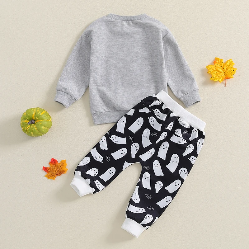 Halloween-Outfits für Babys, Jungen, langärmelig, Geister-Stickerei, Sweatshirt, Hose, Set für Kleinkinder, Herbstkleidung
