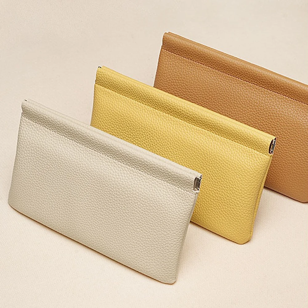 محفظة طويلة من جلد البقر الأصلي ذاتية الإغلاق من الطبقة الأولى، حامل مستندات رخصة القيادة على جواز السفر، كابل بيانات، تخزين حقيبة مستحضرات التجميل