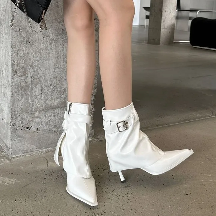 2025 New Design High Heel Women Booties Women's High Quality Pointed Thin Heel White Ankle Boots  Fashion Tube Boots Botas Mujer