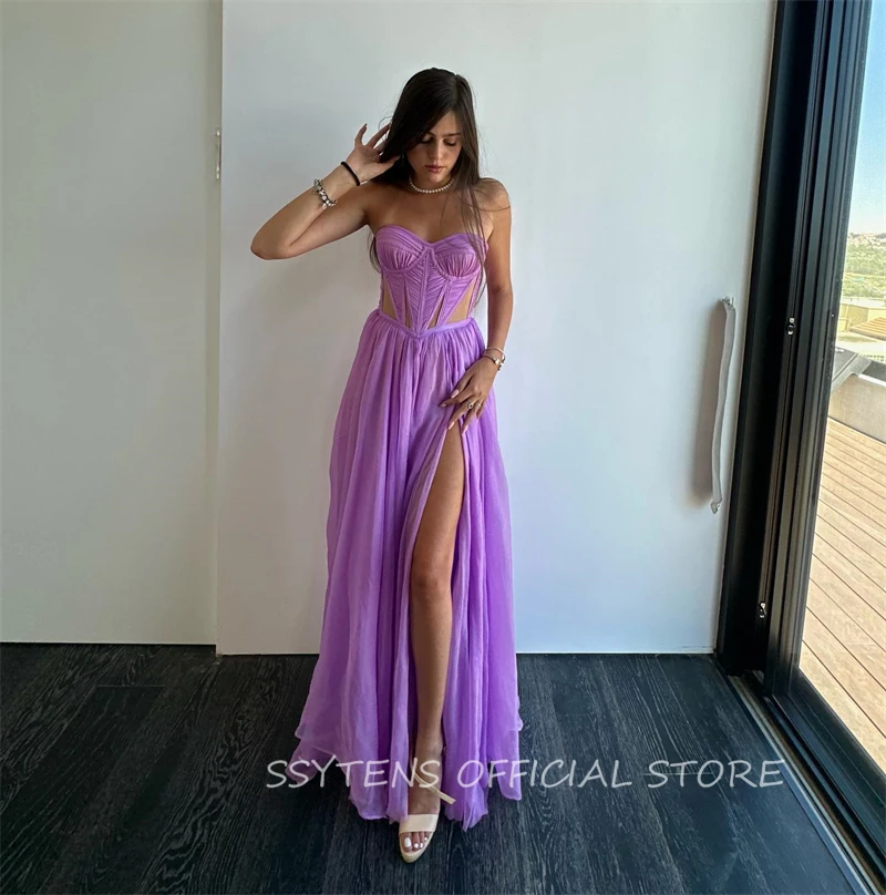 Robe de Bal Longue en Mousseline de Soie pour Femme, Tenue de Soirée Sexy, Lavande, Fente en Cœur, Disponible en Violet