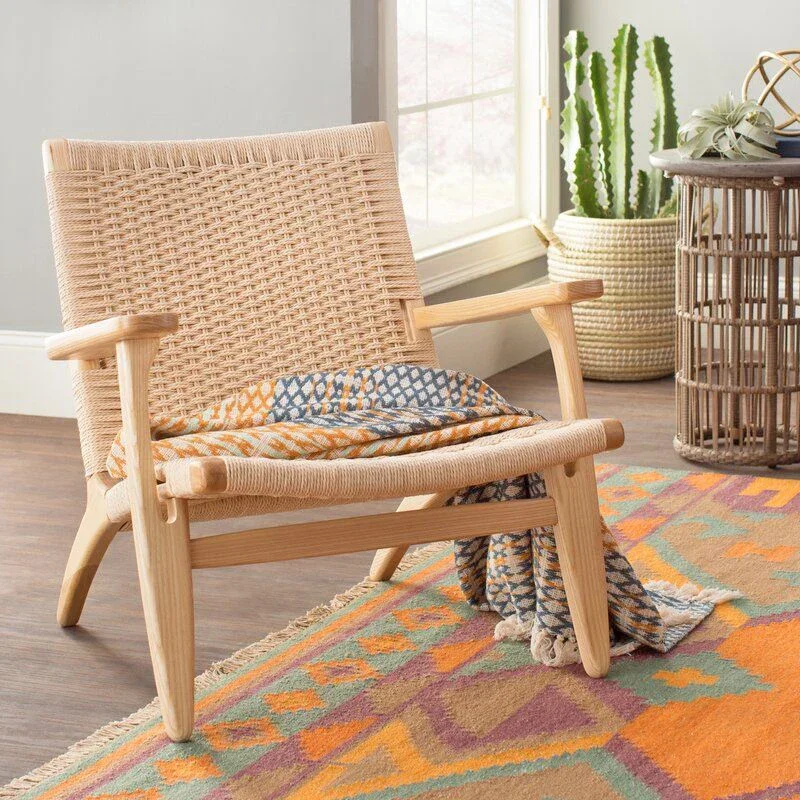 Nordic INS Japanese teng chair, rattan weaving vintage chair, solid wood rope woven sofa, back chair, balcony with armchair