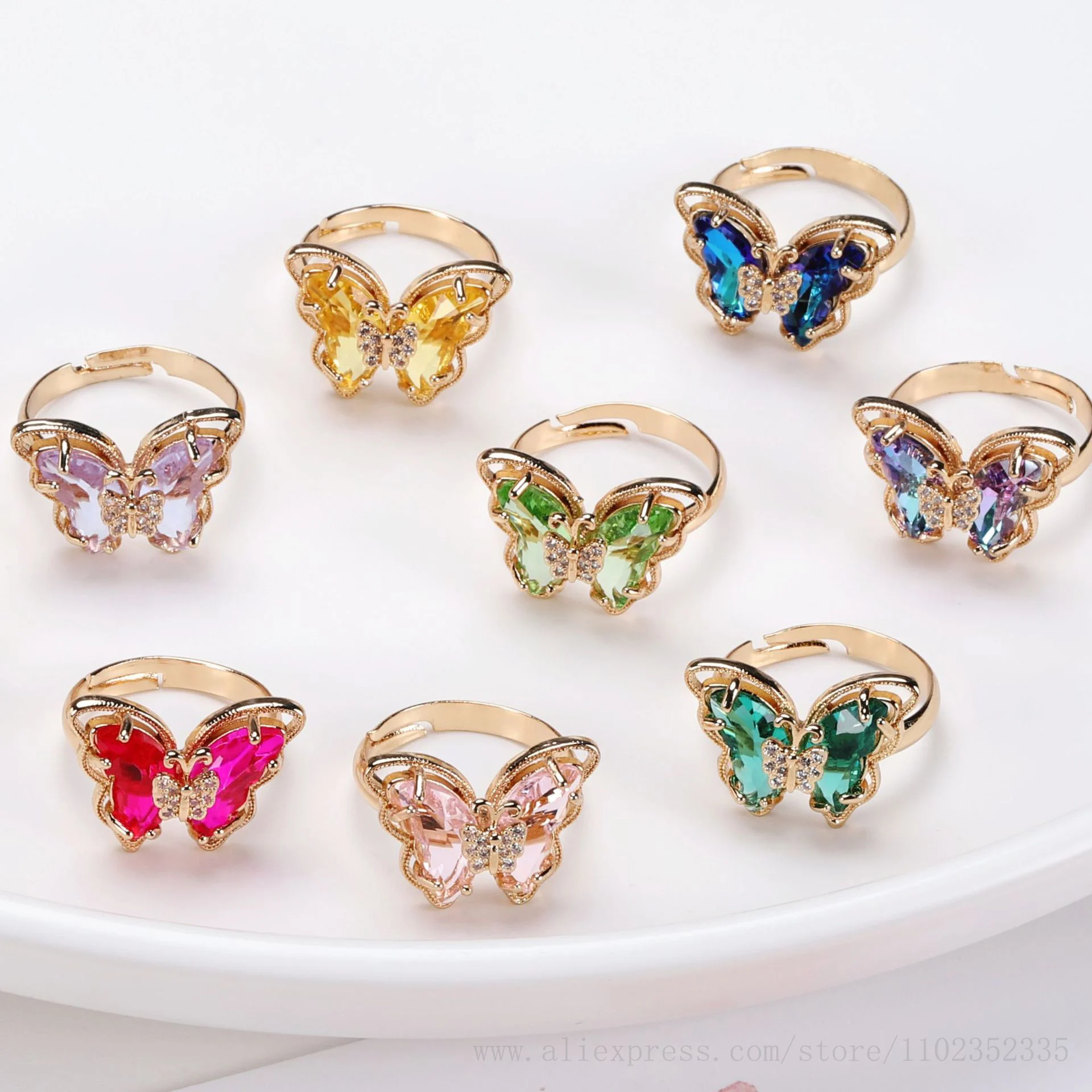 Glass Butterfly Copper Ring Resizable Colorful Crystal Butterfly Gold Plated Brass Rings For Women's Party Jewelry 10pcs/ Bag