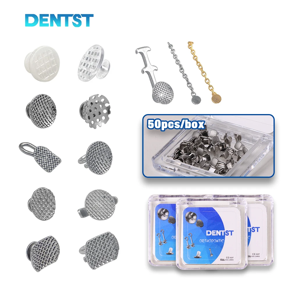 50 Piezas de Botones Linguales de Ortodoncia Dental, Ganchos de Tracción Metálicos Adhesivos, Soportes para Brackets de Ortodoncia