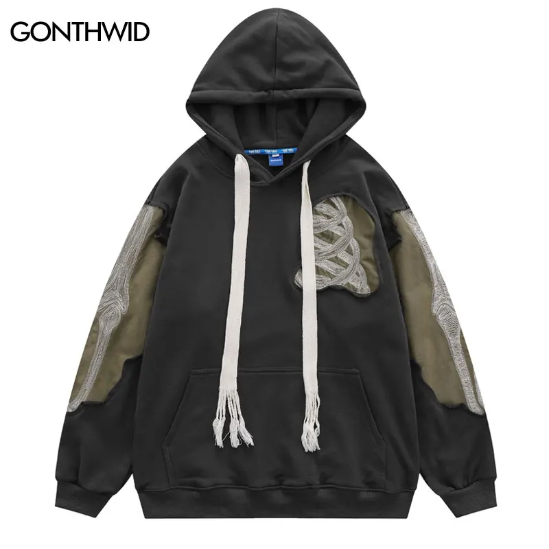 Hip Hop Men Hoodie Sweatshirt Y2K Embroidery Skeleton Skull Patch Punk Gothic Hooded Streetwear Harajuku Casual Street Pullover