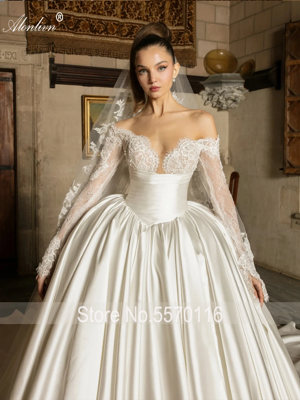 Alonlivn فساتين زفاف فاخرة مصنوعة حسب الطلب من الساتان بأكمام طويلة مطرز بالخرز من الدانتيل قبالة الكتف فساتين زفاف الأميرة #4