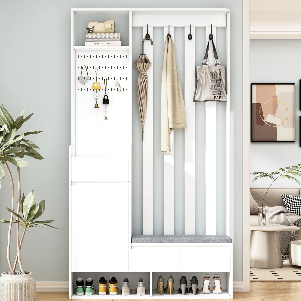 PINGGO Flur-Garderobe mit weicher Polsterung, langer Aufbewahrungsbank, multifunktionaler Schuhschrank für den Eingangsbereich, modernes Design, Plug-in-Schreibtisch – Detail 8