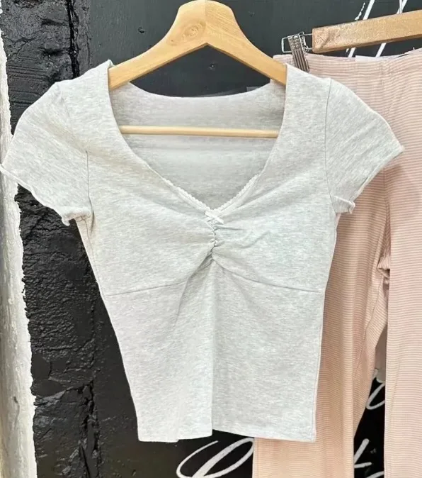 Sweet Women Gray Tank Top 2024 Fashion Summer V-neck Lace Bow T-shirt Ladies Vintage  Female Cotton Short Sleeves