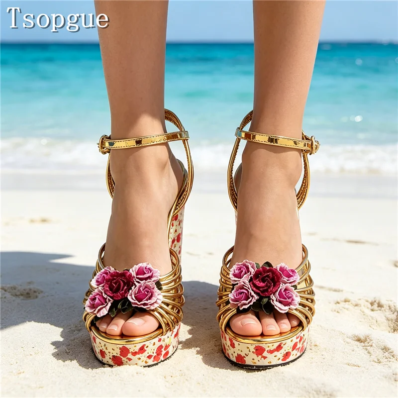 Gold Floral Wedge Heel Sandals Women Luxury 3D Rose Flower Ankle Strap Platform High Heels Party Wedding Dress Shoes view 2