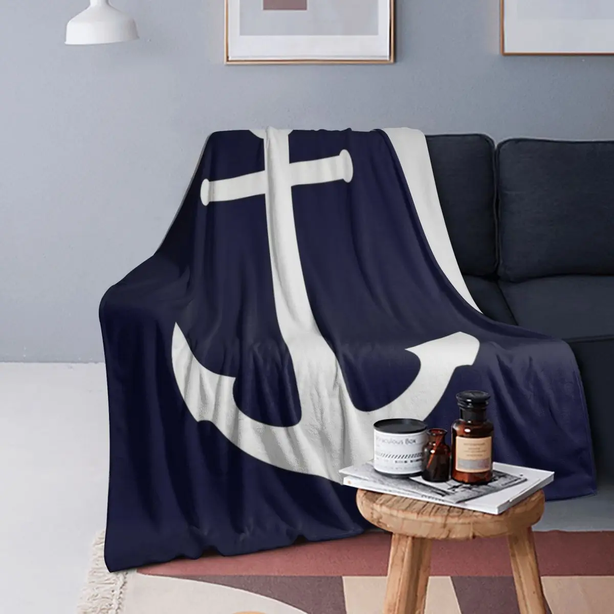 

White Anchor On Navy Blue Blanket Soft Warm Flannel Throw Blanket Bedding for Bed Living room Picnic Travel Home Sofa