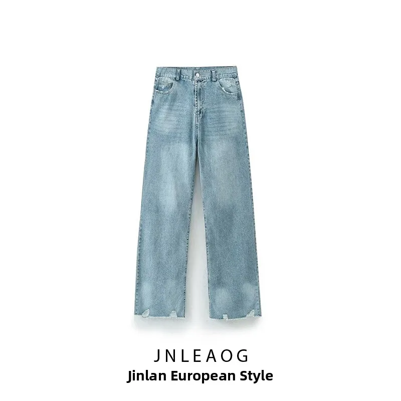 JNLEAOG Faionable Straight Leg Jeans Women's Casual Simple Sle Autumn New Arrival French Sle l Waist Button Closure