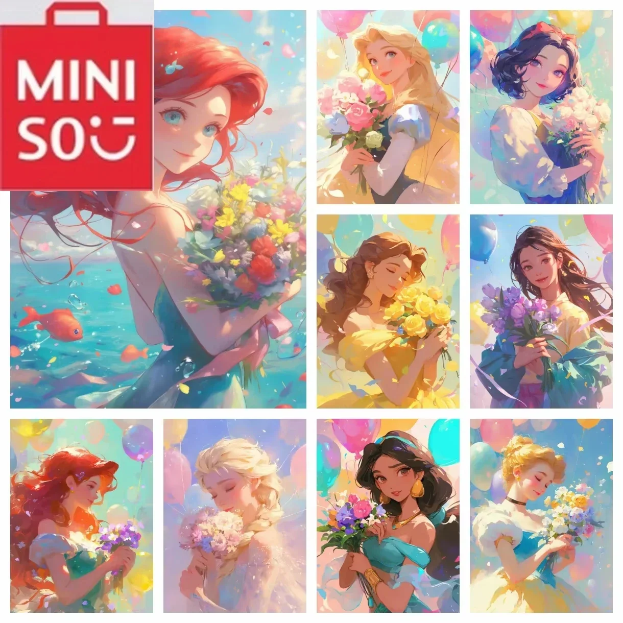 

MINISO Disney DIY алмазные художественные наборы для рисования, новинка 2024, мозаика, вышивка крестиком, принцесса держит цветы, домашний декор, безрамный