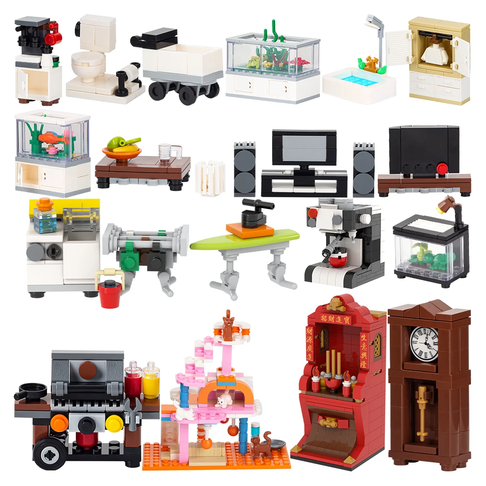 MOC Furniture Bricks City Room Wardrobe Toilet Barbecue Animal Cat Dog Compatible Building Blocks Friends Gift Toys For Children