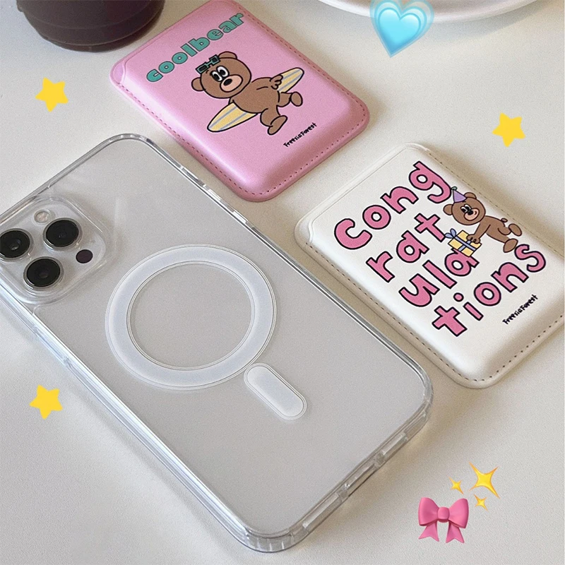 INS Korean Cute Bear For Magsafe Magnetic Card Clip Phone Case For iPhone 15 Pro Max Magnetic Wallet Card Holder Phone Accessory