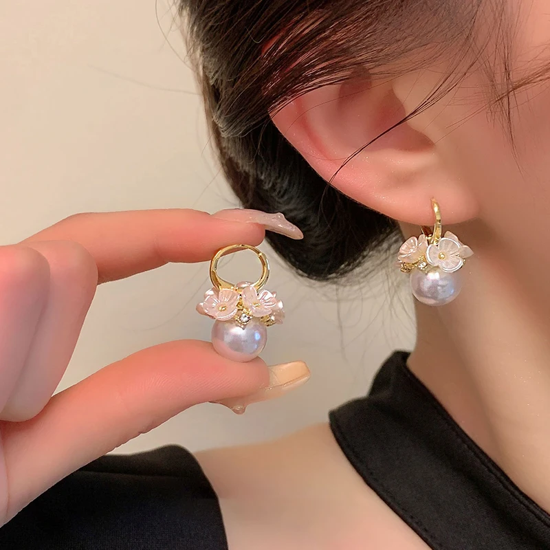 1Pair Elegant Shell Flower Cluster Pearl Ball Earrings For Women Girls Shiny Zircon Ear Buckle Party Jewelry Accessories Gifts