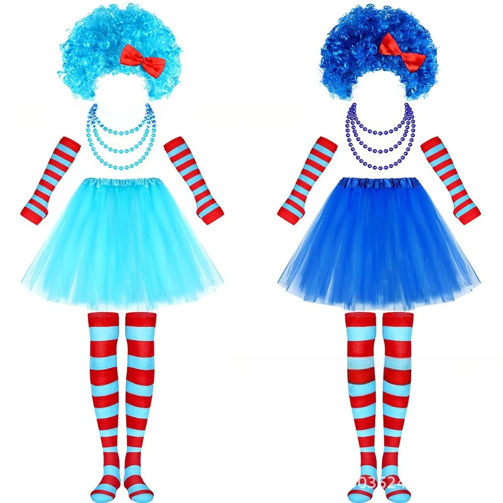 مجموعة أزياء الكرنفال - شعر مستعار أفرو مع فيونكة، سلسلة خرز متصلة، جوارب مخططة لتدفئة الذراع وتنورة توتو، طقم ملابس للحفلات الاحتفالية