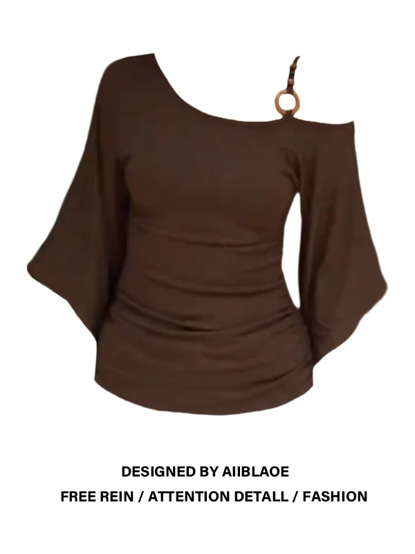 

plus Size Shoulder Bared T-Shirt Women's Slim Fit Summer Bell Sleeve Casual Vintage Style Fashionable Top for Plump Sister