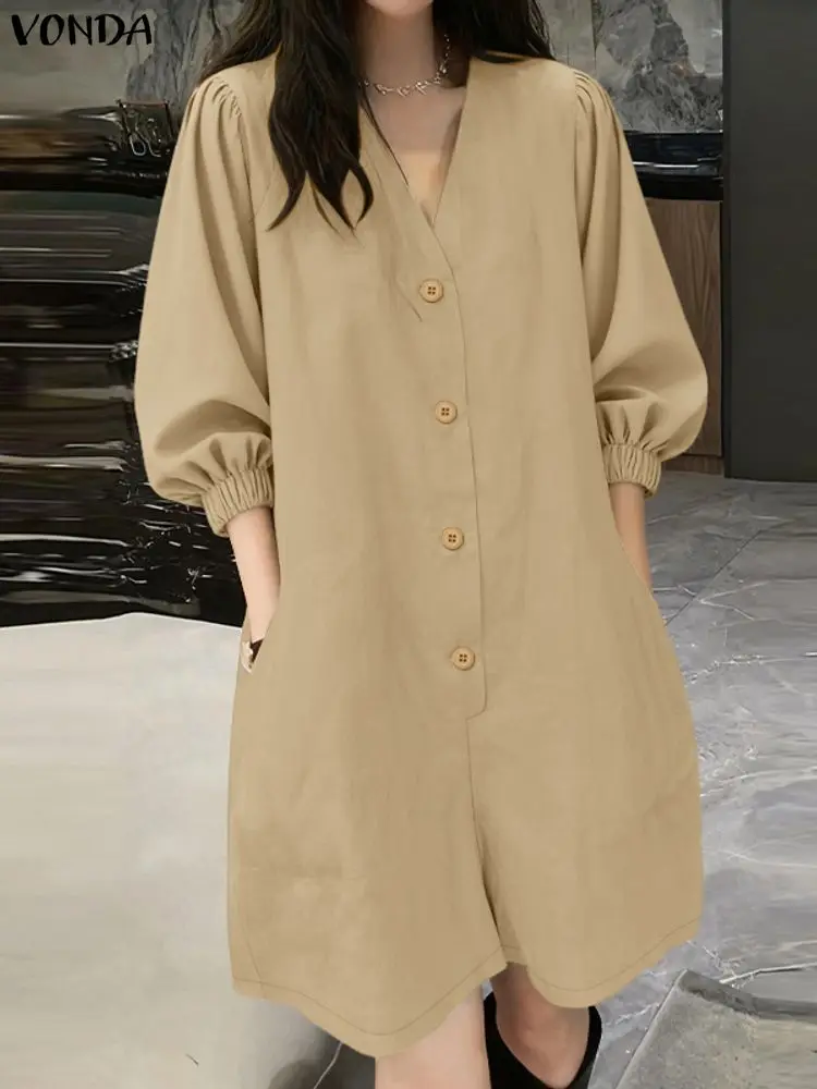 

VONDA Women Rompers Fashion Short Jumpsuits V-Neck Solid Color Female Summer 3/4 Seeve Casual Loose Party Playsuits Streetwear