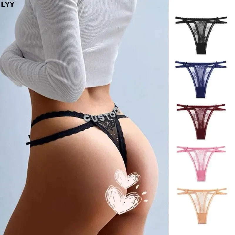 Women Customized Lace Thongs with Crystal Letter Name DIY Body Chain Sexy Bikini Personalize Cheey Panties Body Jewelry Gifts