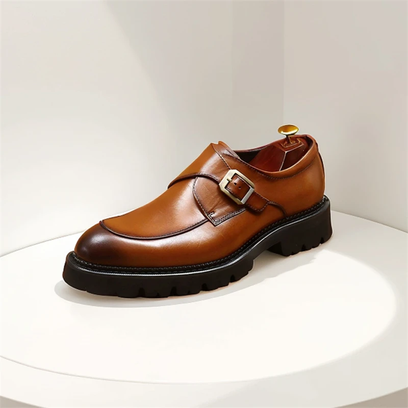 

Monk Leather Shoes Men Calfskin Slip-Ons Formal Business Dress Shoes Pointed Toe Buckle Straps Men British Footwear